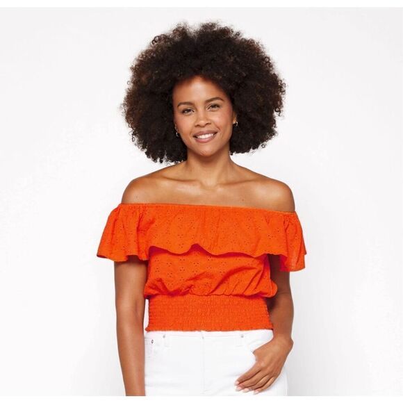 1. State Top Tigerlily Eyelet Ruffle Smocked Crop Orange Size XS NWT - Picture 1 of 9